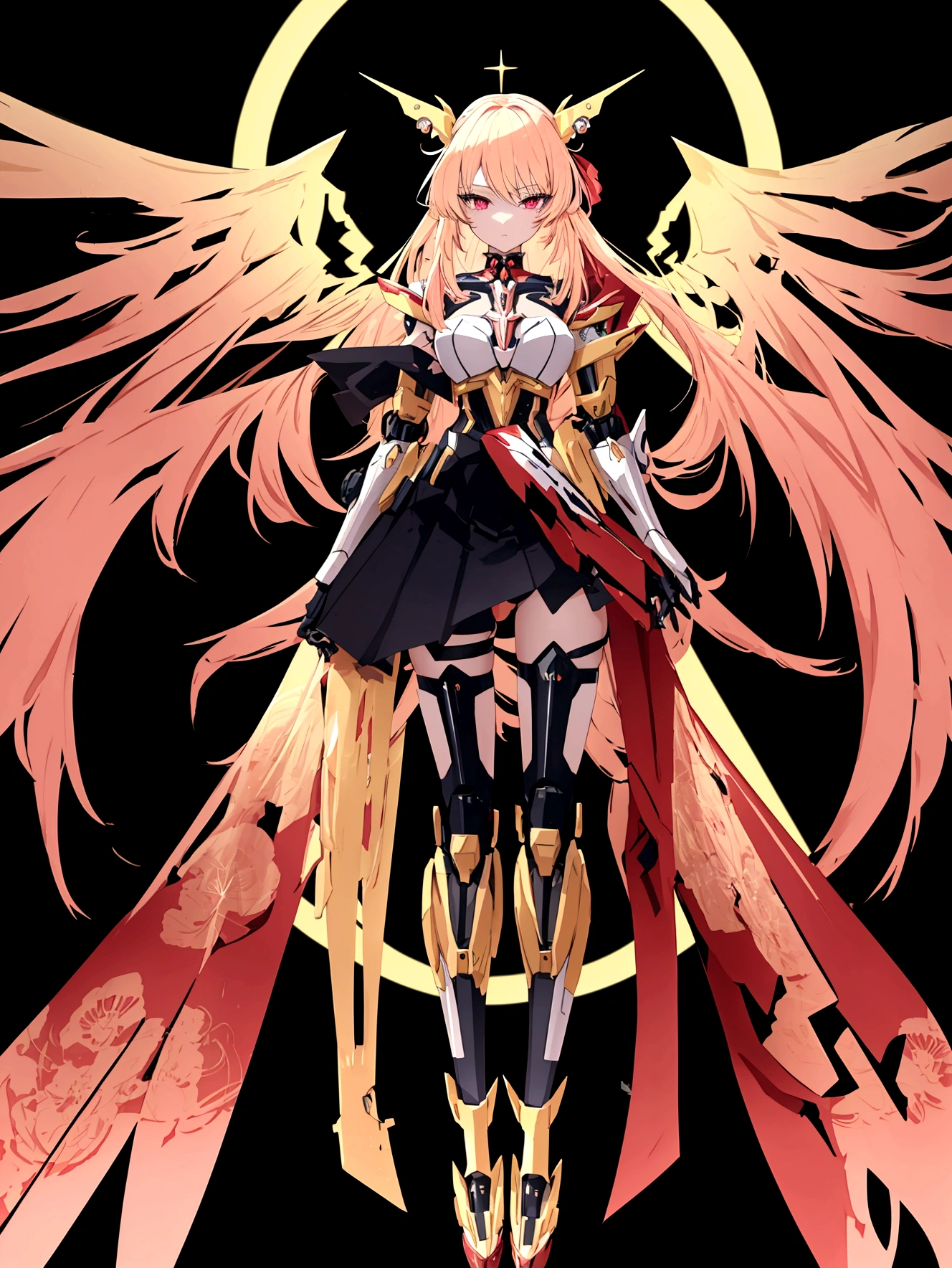 a beautiful magical girl with long blond hair and red eyes, wearing a magical girl style leotard combined with mecha style skirt and other mecha style accesories, full body turned towards the viewer, detailed face, extremely detailed eyes and face, hyper detailed, 8k, high quality, intricate, mecha style, fantasy, cinematic lighting, dramatic composition, vibrant colors