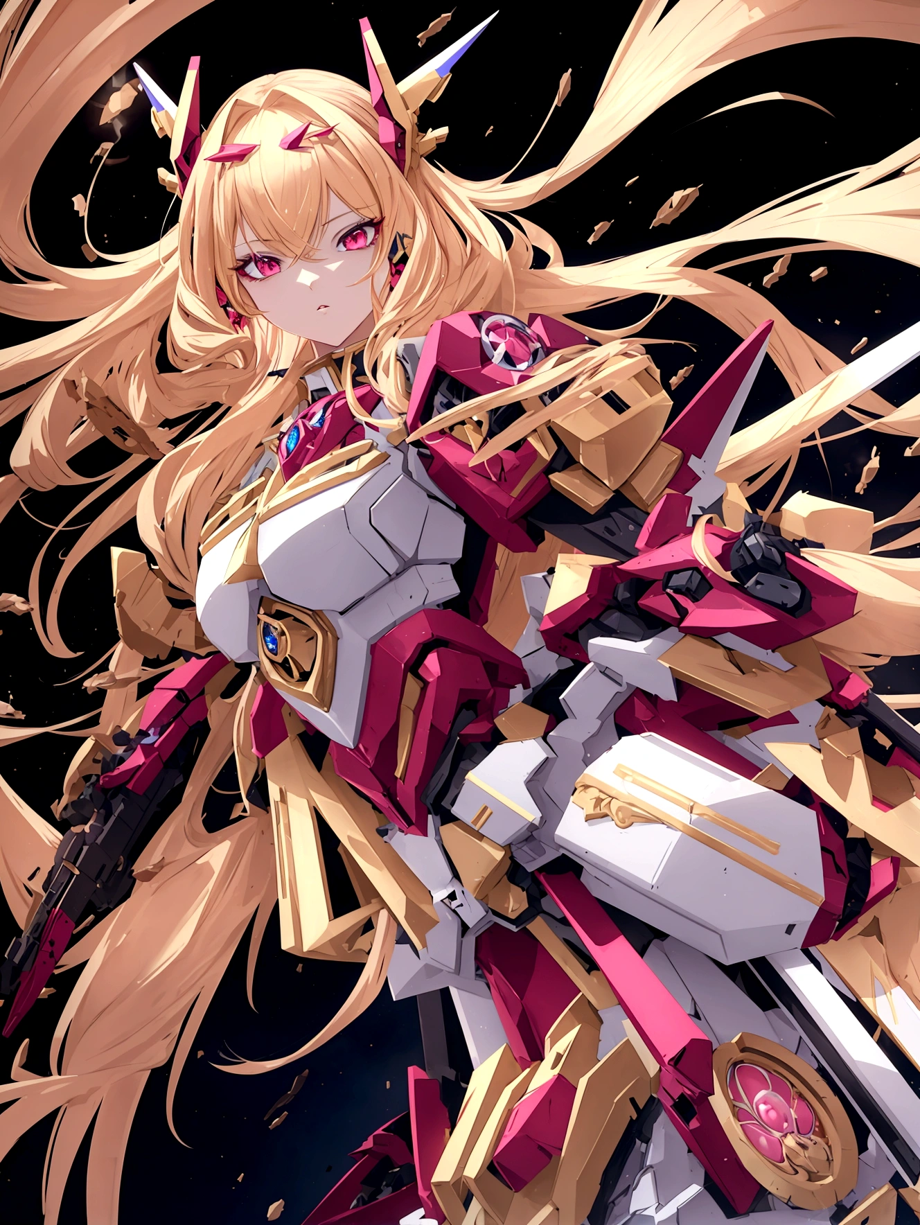 a beautiful magical girl with long blond hair and red eyes, wearing a magical girl style leotard combined with mecha style skirt and other mecha style accesories, full body turned towards the viewer, detailed face, extremely detailed eyes and face, hyper detailed, 8k, high quality, intricate, mecha style, fantasy, cinematic lighting, dramatic composition, vibrant colors