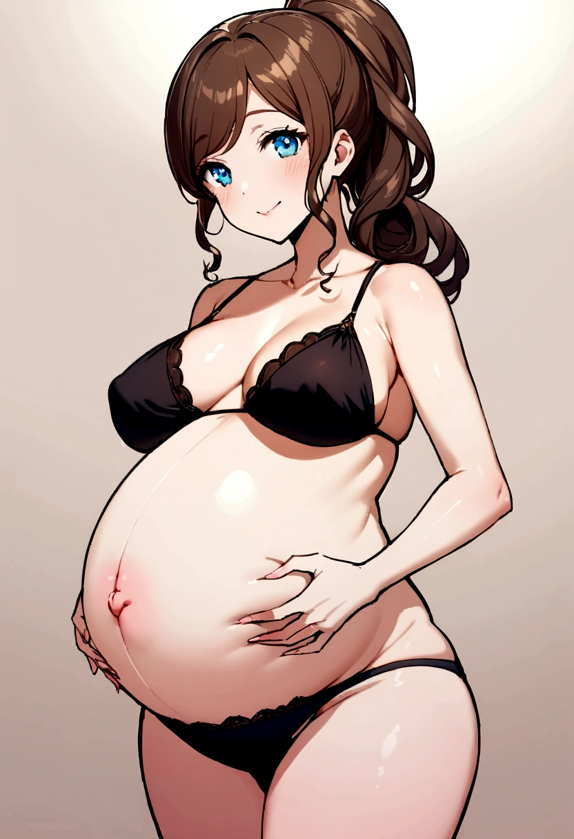 pregnant beautiful mom with brown ponytail hair, blue eyes, in black bikini, happy with a double big round stuffed belly