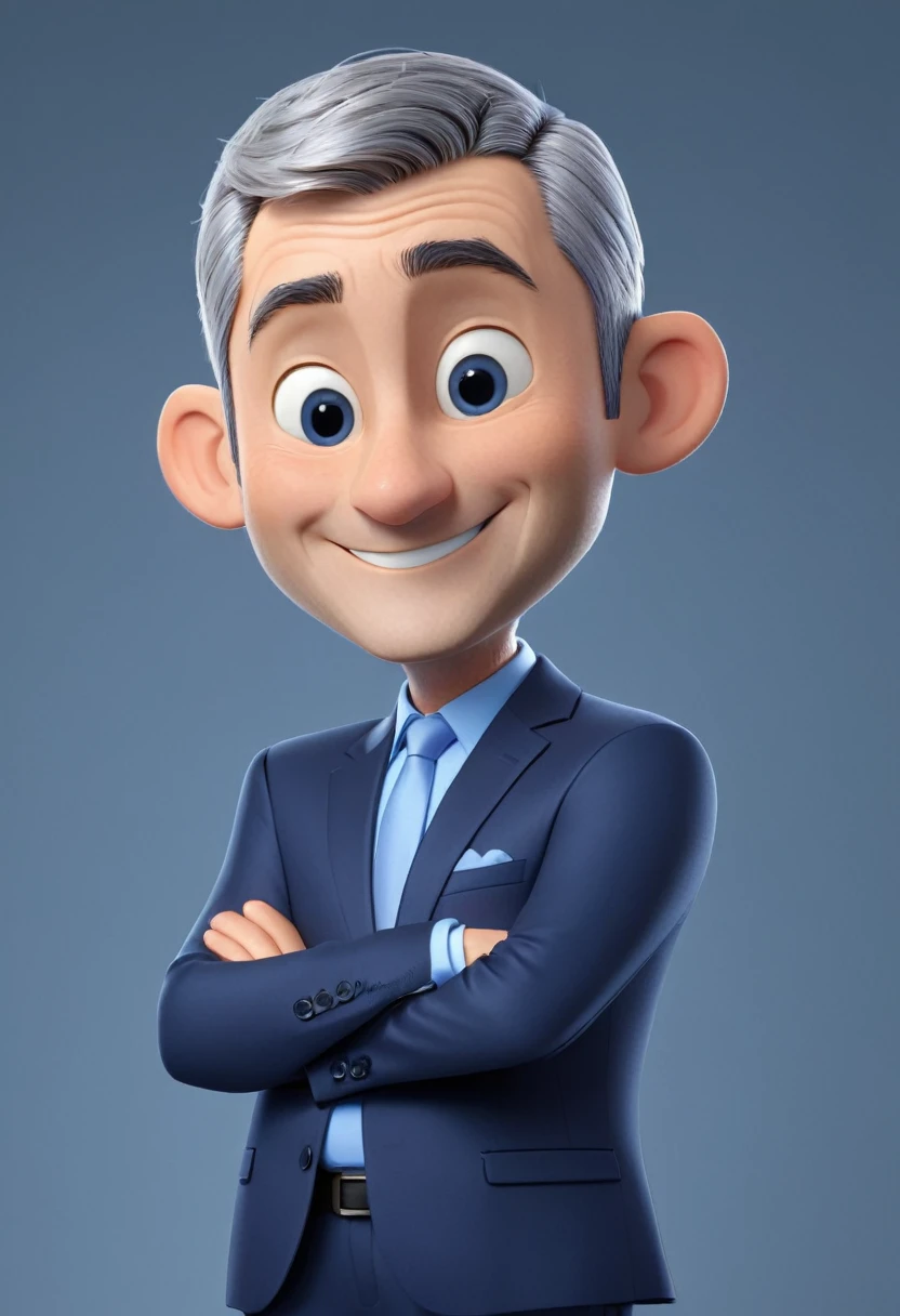 3d cartoon style, 50 years old man, short gray hair, little hair, in a dark blue suit and light blue shirt, no tie, smiling at the camera, foto perfil, commercial shot., face is brightly lit
