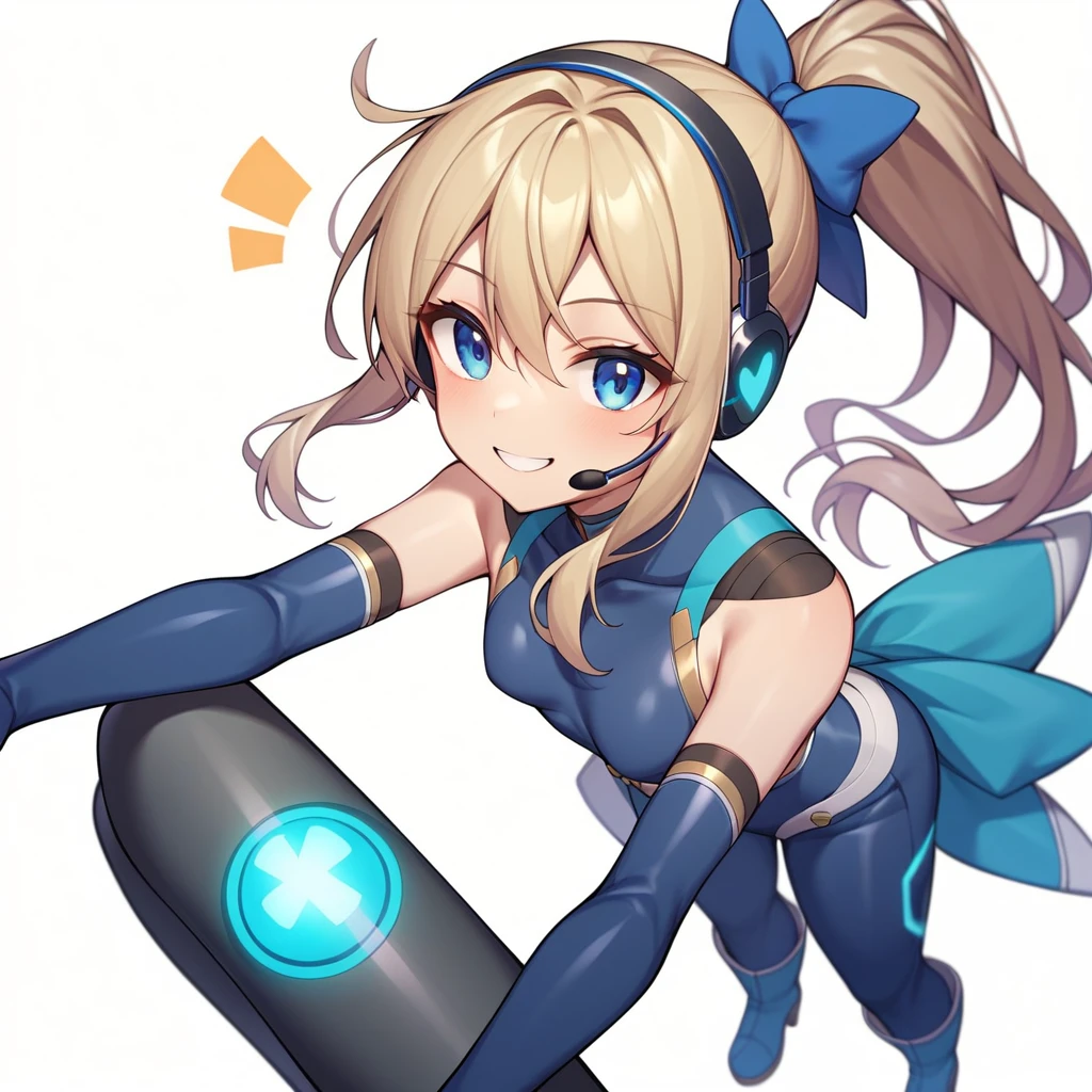 (masterpiece、Highest quality、Highest Resolution、Clear_image、Detailed details、The angle is from above): (A full-body view of a single girl with a Japanese face and small face、Navy blue high knot ponytail、Small breasts、Sparkling blue eyes、Pilot suit in white and navy blue colors、Tight fitting clothes、Clothing that covers the whole body、Tight Fit Pants、Hide your skin、Covering the thighs、Cover your shoulders、Very delicate and beautiful、Slim body、Cute、A gentle smile、Soft expression、heroine、headset、Knee-high boots、Elbow-length gloves)、(Simple Background、White background:1.5)