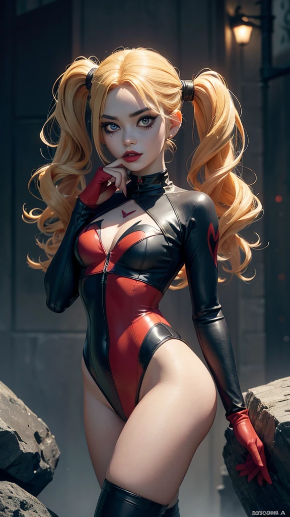Harley Quinn, mujer sexy,dc comics,small,harlequin costume, red and black, vestida con un traje de arlequín color rojo y negro, carta de corazones rojos, carta de joker, joven, super skynny body, small and beautiful buttocks, abdomen tonificado, senos pequeños y hermosos, guantes, botas, pose sexy, malevolent, obscena, poderosa, super sensual, cuerpo completo, Dramatic background, en el fondo esta Arkham Asylum en llamas, apocalyptic atmosphere, joker, mirada sensual, ojos azules y hermosos, classic two pigtails hairstyle,Hair dyed in bright blonde color, Best quality,4K,8K,A high resolution,Masterpiece,Ultra detailed,Realistic, Photorealistic,photo realistic