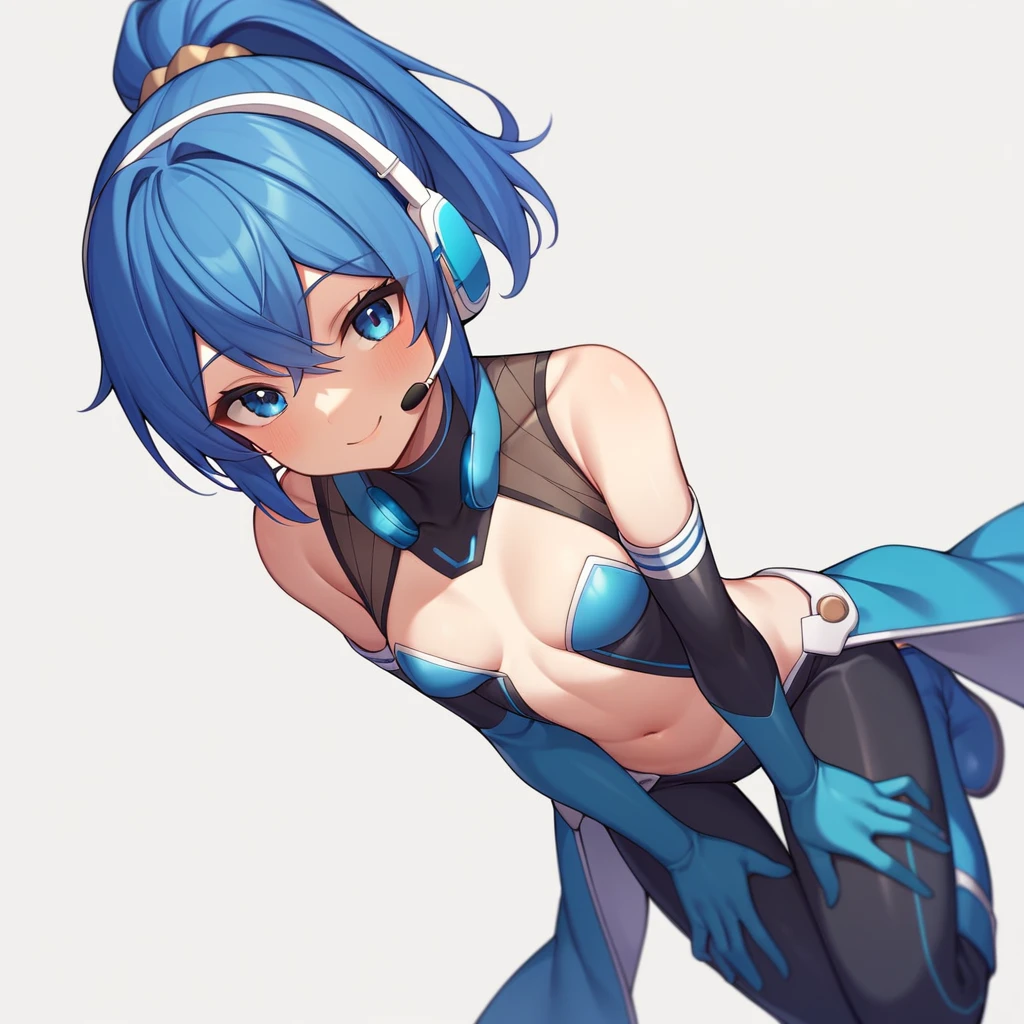 (masterpiece、Highest quality、Highest Resolution、Clear_image、Detailed details、The angle is from above): (A full-body view of a single girl with a Japanese face and small face、Navy blue high knot ponytail、Small breasts、Sparkling blue eyes、Pilot suit in white and navy blue colors、Tight fitting clothes、Clothing that covers the whole body、Tight Fit Pants、Hide your skin、Covering the thighs、Cover your shoulders、Very delicate and beautiful、Slim body、Cute、A gentle smile、Soft expression、heroine、headset、Knee-high boots、Elbow-length gloves)、(Simple Background、White background:1.5)