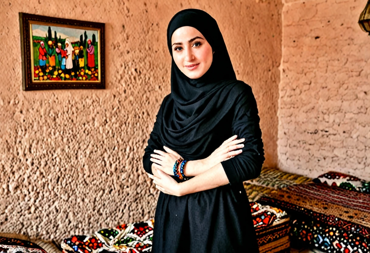 Pale skin Kurdish Esra bilgiç in hijab standing in village room bracelet embracing her ebony African baby