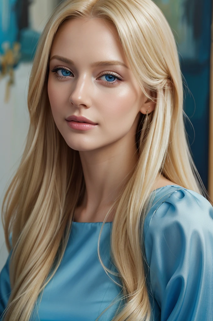 a close up of a woman with long blonde hair wearing a blue dress, beautiful realistic painting, ultra realistic oil painting, Beautiful blonde girl, realistic oil painting, ultra realistic digital painting, photorealistic oil painting, ultrarealistic oil painting, photorealistic digital painting, realistic woman oil painting, realistic painting of beautiful girl, realistic oil paint, hyper-realistic oil painting