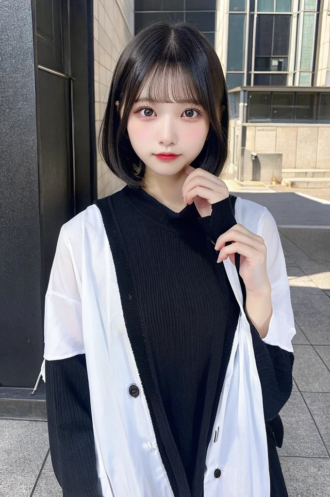 high resolution、8K、Bobcut、girl、Medium length、可愛いgirl、Japanese Idols、Age 25、Black Hair、beauty、Young Japanese Woman、Detailed、Highest quality、Black clothes、Boyish clothes、Wearing a white mask、university student、Beautiful eyes,