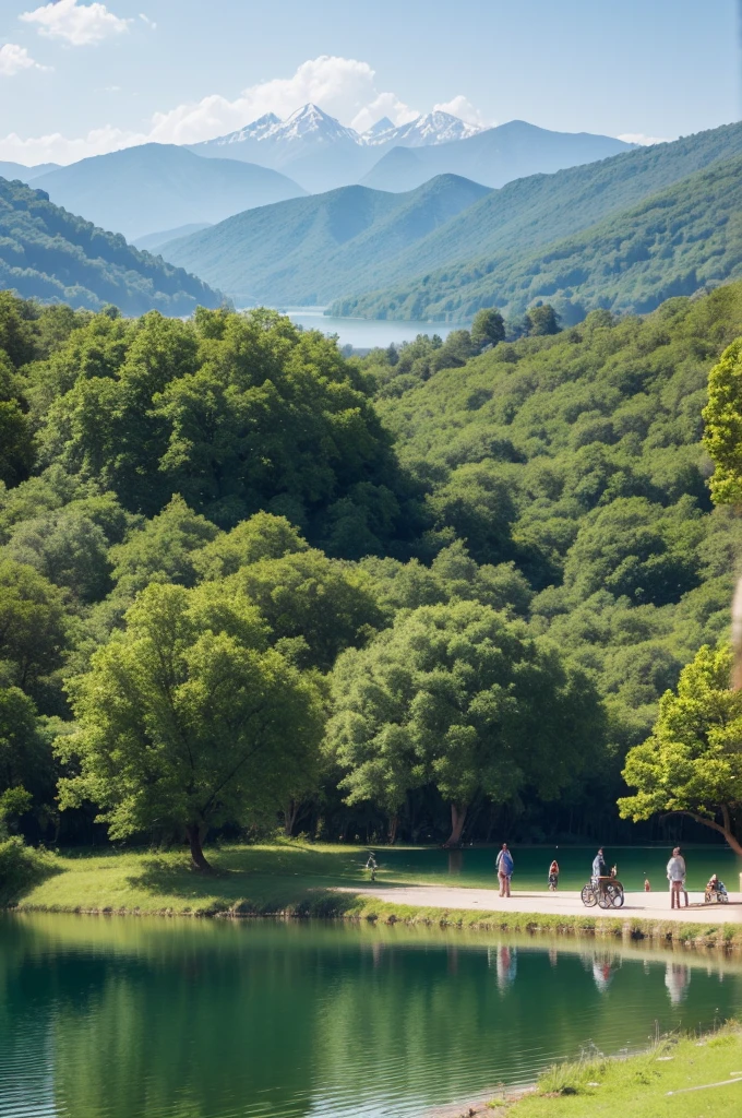 A place with natural beauty, several trees, a beautiful lake with people around, various animals