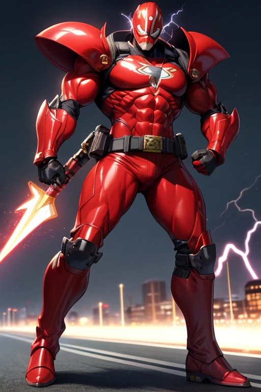 ((mejor calidad)), ((Obra maestra)), (detallado), 1 chica, suéter con hombros descubiertos, 1 man, full body, 30s, black masks, red helmet that covers his entire head, smooth helmet, helmet with a flashlight on his forehead, black collar, tall and muscular, very large, red armor, 2 large tubes, transparent electricity tubes on his chest, large red gloves, red wristbands, red suit, fist emblem with lightning bolts on his chest, fist, red pants, black knee pads, metallic red boots, superhero belt, lightning bolts in the air, hitting the track, lightning bolts come out, night city background, anime