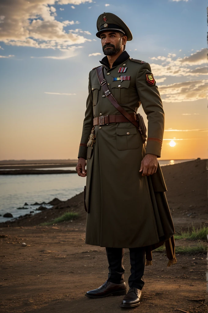 Rathalia in war clothing, before a sunset