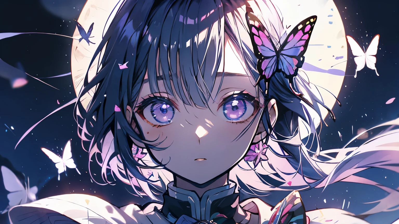 Masterpiece、Kanao、Purple Eyes、ponytail、Butterfly hair fastening、night、full moon、Butterflies fluttering