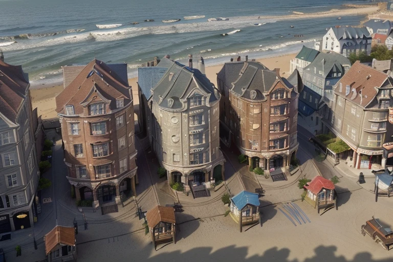 a provincial town in the 19th century  ​​on the shore of the sea bay, (crossroads),  a bar, a hotel, (best quality,4k,8k,highres,masterpiece:1.2),ultra-detailed, detailed architecture, cobblestone streets, wood buildings, brick buildings, ornate facades, sun day