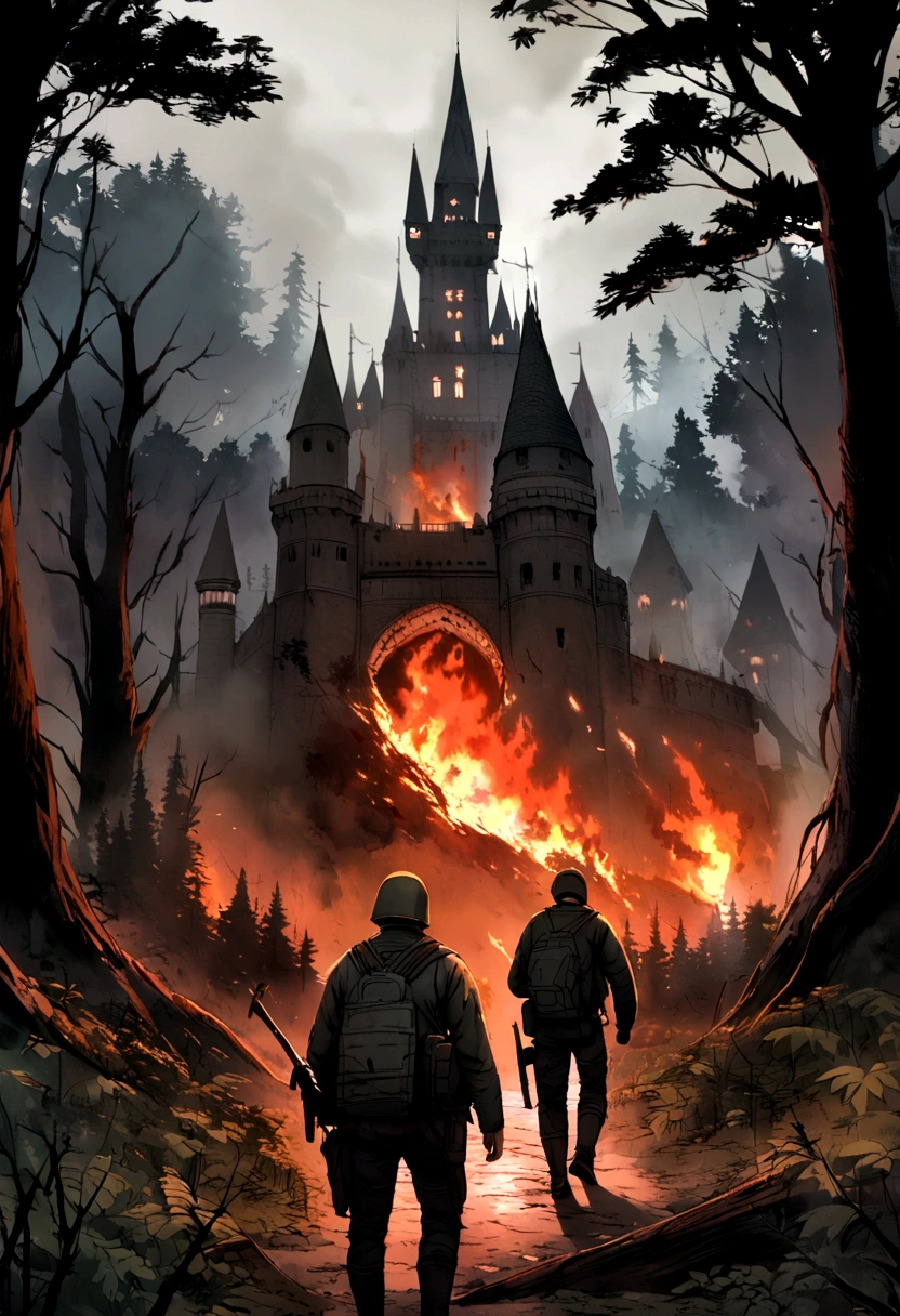 ((DayZ)), dark forest, castle, soldier, burning bear flag,