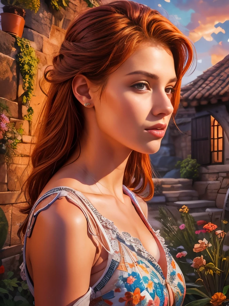 Full medium shot. An ultra hot gorgeous European woman. Age 23. Auburn hair. (Brazilian:0.6 Swedish:0.8,Korean:0.4) high quality, highly detailed, illustration, impasto, canvas, oil painting, fantasy, early morning light.