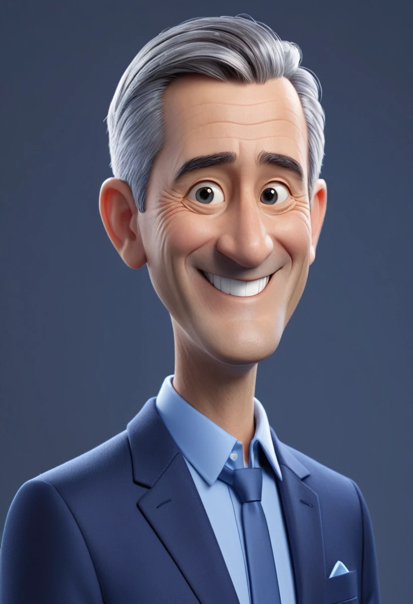 3d cartoon style, 50 years old man, short gray hair, little volume, in a dark blue suit and light blue shirt, no tie, smiling at the camera, foto perfil, commercial shot., face is brightly lit