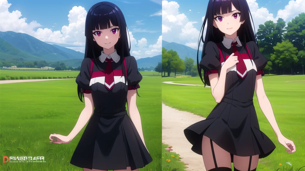 RoryMercury, Rory Mercury, long hair, black hair, (Red eyes:1.3), bang, blunt bang, hime cut, smile,
BREAK thighhighs, a gift, tape, hair tape, garter belts, dress, black dress, puffy sleeves, frill, cut off sleeves, tie, red tie, pomade, purple pomade,
BREAK outdoors, nature, the forest, grass, Sun, sky, clouds, grass,
BREAK looking at viewer, (cowboy shot:1.5),
BREAK (masterpiece:1.2), Best quality, A high resolution, unity 8k wallpaper, (illustration:0.8), (beautiful detailed eyes:1.6), very detailed face, perfect lighting, extremely detailed computer graphics, (perfect hands, Ideal Anatomy),