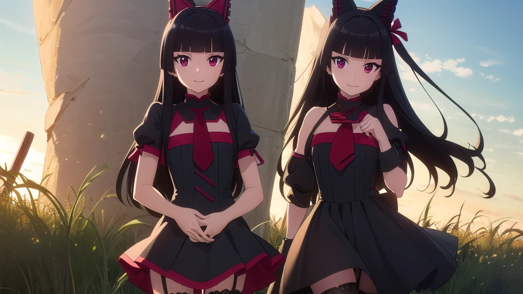 RoryMercury, Rory Mercury, long hair, black hair, (Red eyes:1.3), bang, blunt bang, hime cut, smile,
BREAK thighhighs, a gift, tape, hair tape, garter belts, dress, black dress, puffy sleeves, frill, cut off sleeves, tie, red tie, pomade, purple pomade,
BREAK outdoors, nature, the forest, grass, Sun, sky, clouds, grass,
BREAK looking at viewer, (cowboy shot:1.5),
BREAK (masterpiece:1.2), Best quality, A high resolution, unity 8k wallpaper, (illustration:0.8), (beautiful detailed eyes:1.6), very detailed face, perfect lighting, extremely detailed computer graphics, (perfect hands, Ideal Anatomy),