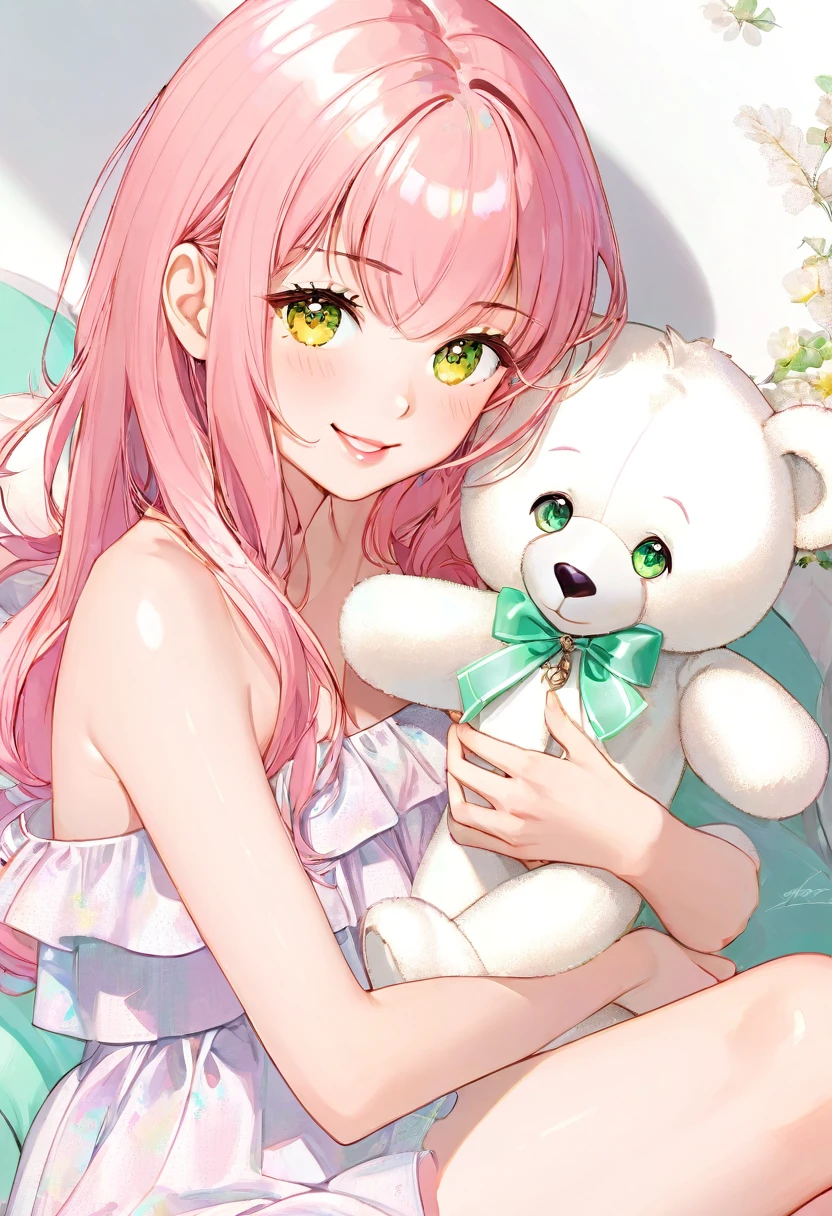 Portrait of a beautiful girl sitting and smiling, holding a white teddy bear in both hands, girl with long loose hair, no decorative accessories in her hair, pink hair with a slight orange tint, v-line chin , pink lips, white skin, light emerald green eyes mixed with bright yellow, wearing a simple white off-the-shoulder dress 