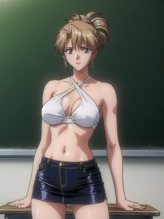 masterpiece, best quality, 1girl, looking at viewer, medium height, ultra detailed, cowboy shot, big head, folded ponytail, teacher, classroom, chalkboard, bright image, (white halter top, denim skirt), hot colors, long belly, lip stick, smile, skinny body, big breasts, white skin, lights, writing on chalk board, high brightness, off-shoulders