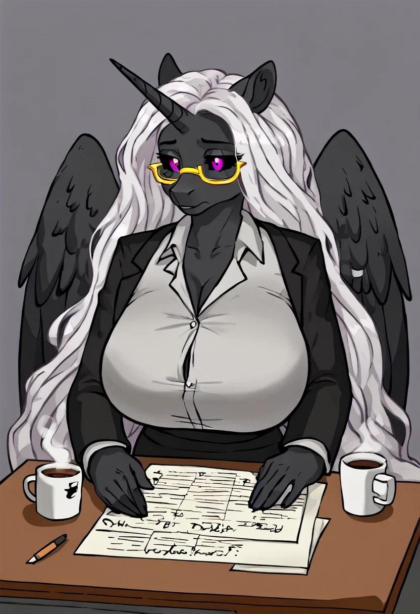 Alicorn princess, white mane,black sclera ,black body color  long flowing  mane pink eyes anthro huge breasts 
hot for teacher yellow glasses, black skirt suit,doing paperwork ,,writing ,principal ,coffee cup on table ,computer  looking at papers ,tired look,late night