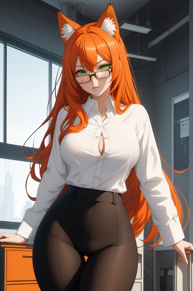 (masterpiece, Best quality), 8K, ultra detailed, realistic photo, Detailed face, perfect lighting, green eyes, bright orange hair, bright hair, fox ears, nice legs, side photo, beautiful, Cute, skin pores, 1 girl, perfect shirt, fully dressed, beautiful women 30 years old, Beautiful proportions, Russian woman, Caucasian, European, Business lady, stunningly beautiful woman, mother, thick legs, show ass, big breasts, (Thin white shirt:1.4), thick, hot, (White Office Wear:1.4), tight pants, (wide hips:1.2), thick, (white Office pants:1.3), spread your legs, Legs open, full length, wide hips, Glasses, with long orange hair, standing on the beach near the ocean, green eyes detailed digital anime art, cat ear, anime girl with long hair, гладкое аниме cg art, anime girl with long hair, digital anime art, work in Guweiz style, Beautiful anime portrait, Photorealistic render of an anime girl, pantyhose, Beautiful anime girl, advanced digital anime art, guweiz на artstation pixiv HD UHD HQ