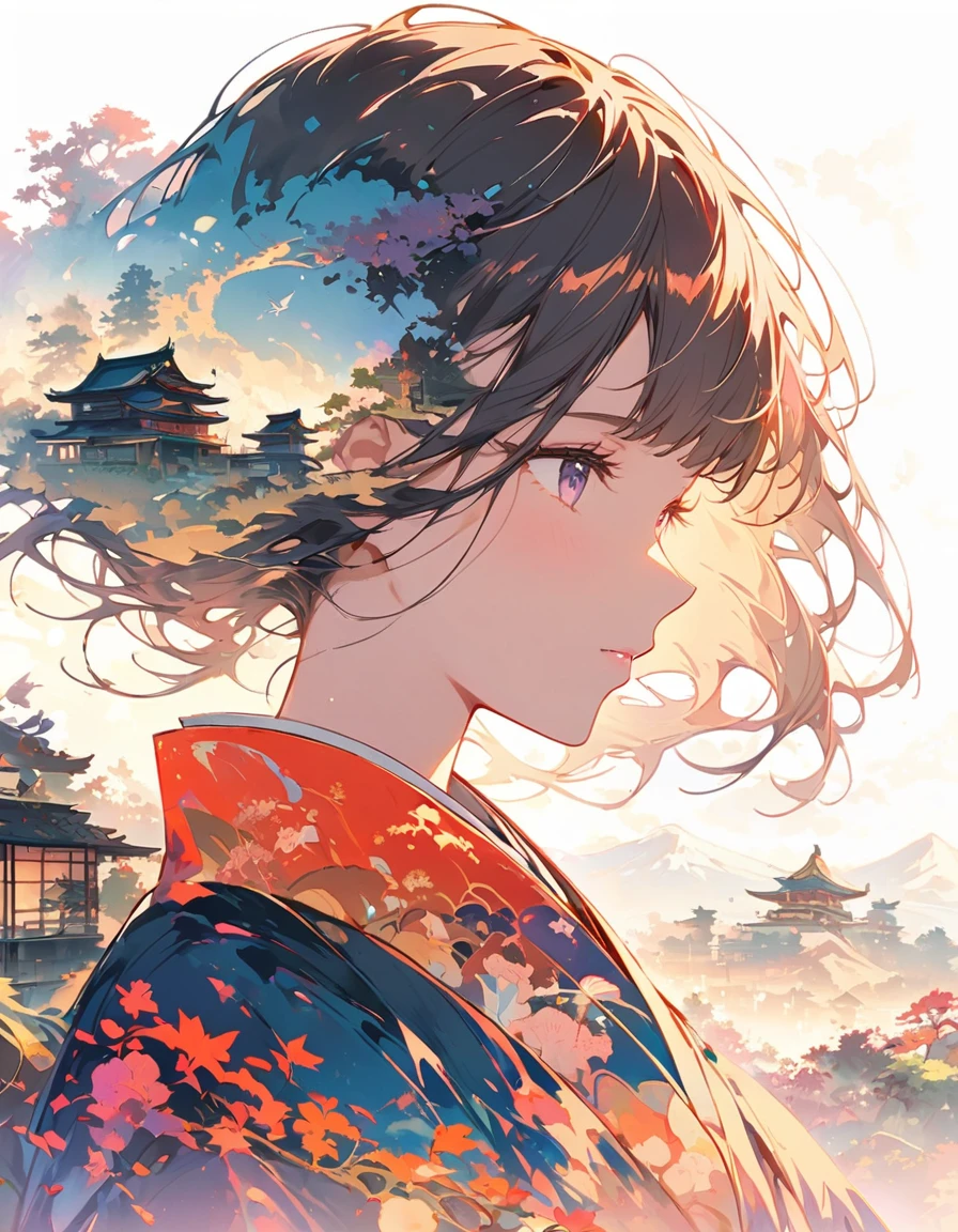 Girl silhouette, filled with scenes of old Japan , traditional japanese landscape, close-up, double exposure, White background