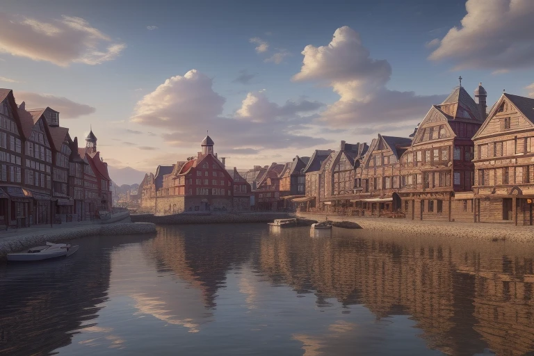 a provincial town in the 19th century on the shore of the sea bay, (crossroads), a bar, a hotel, (best quality,4k,8k,highres,masterpiece:1.2),ultra-detailed, detailed architecture, cobblestone streets, wood buildings, brick buildings, ornate facades, sun day