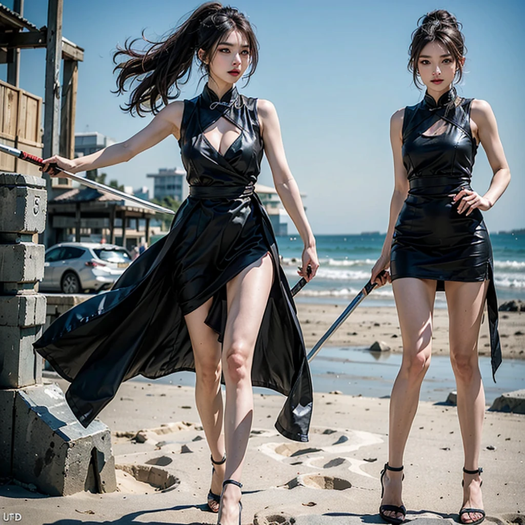 (Top quality,Ultra HD,lifelike: 1.4),Wearing black and gold short qipao,Black high heels,High Ponytail,The girl with air bangs holds two samurai swords on beach,Close-up shot of running,Beautiful armed girl, (K-Pop Idol) ,Detailed face,opposition,Perfect anatomy,Smooth skin,Professional lighting,The task is executing,Destroy the enemy,(background,Beach,Sunny Beach,Fire, Huge explosion ) ,Full body close-up,Fighting Stance