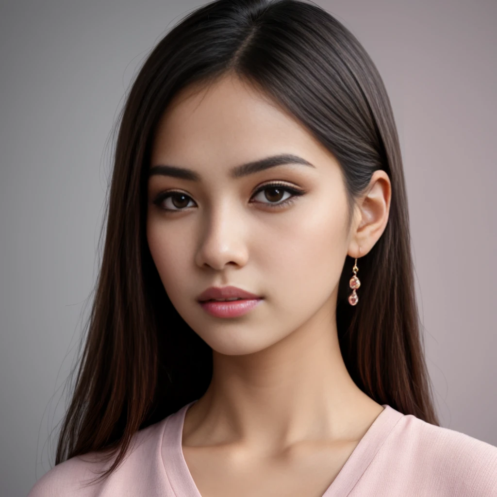 pink background, hyper realistic lifelike texture dramatic lighting unreal engine trending on art station, award winning photo, nikon RAW photo,8 k, Fujifilm XT3,masterpiece, best quality, realistic, photorealistic, ultra detailed, extremely detailed face, solo,1 Indian girl, standing, fashionable and trendy atmosphere, high-end makeup products, and a stylish expression on her face, close up, pink t-shirt, closed mouth, closed lips, looking at viewer,