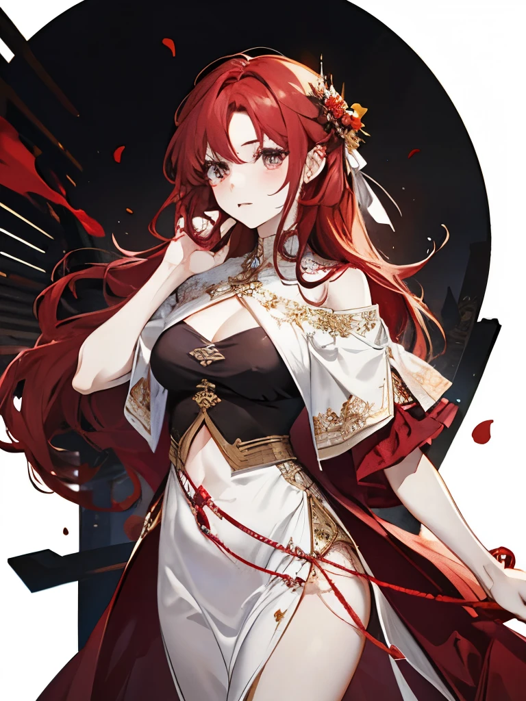Red-haired adult woman, perfect body, lively brown eyes, white Greek clothing, dark red marks on her arm and cheek