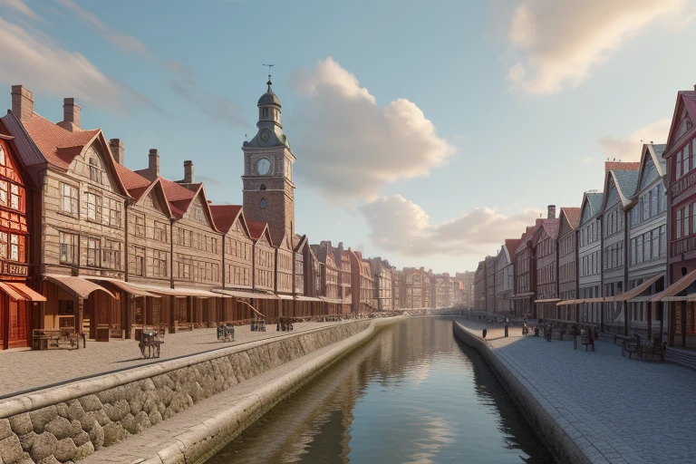 a provincial town in the 19th century  ​​on the shore of the sea bay, (crossroads),  a bar, a hotel, (best quality,4k,8k,highres,masterpiece:1.2),ultra-detailed, detailed architecture, cobblestone streets, wood buildings, brick buildings, ornate facades, sun day