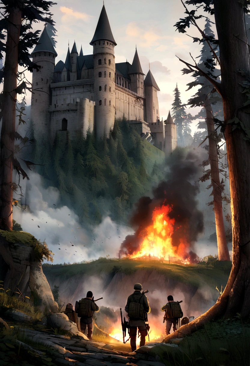((DayZ)), dark forest, castle, soldier, burning bear flag,clearer