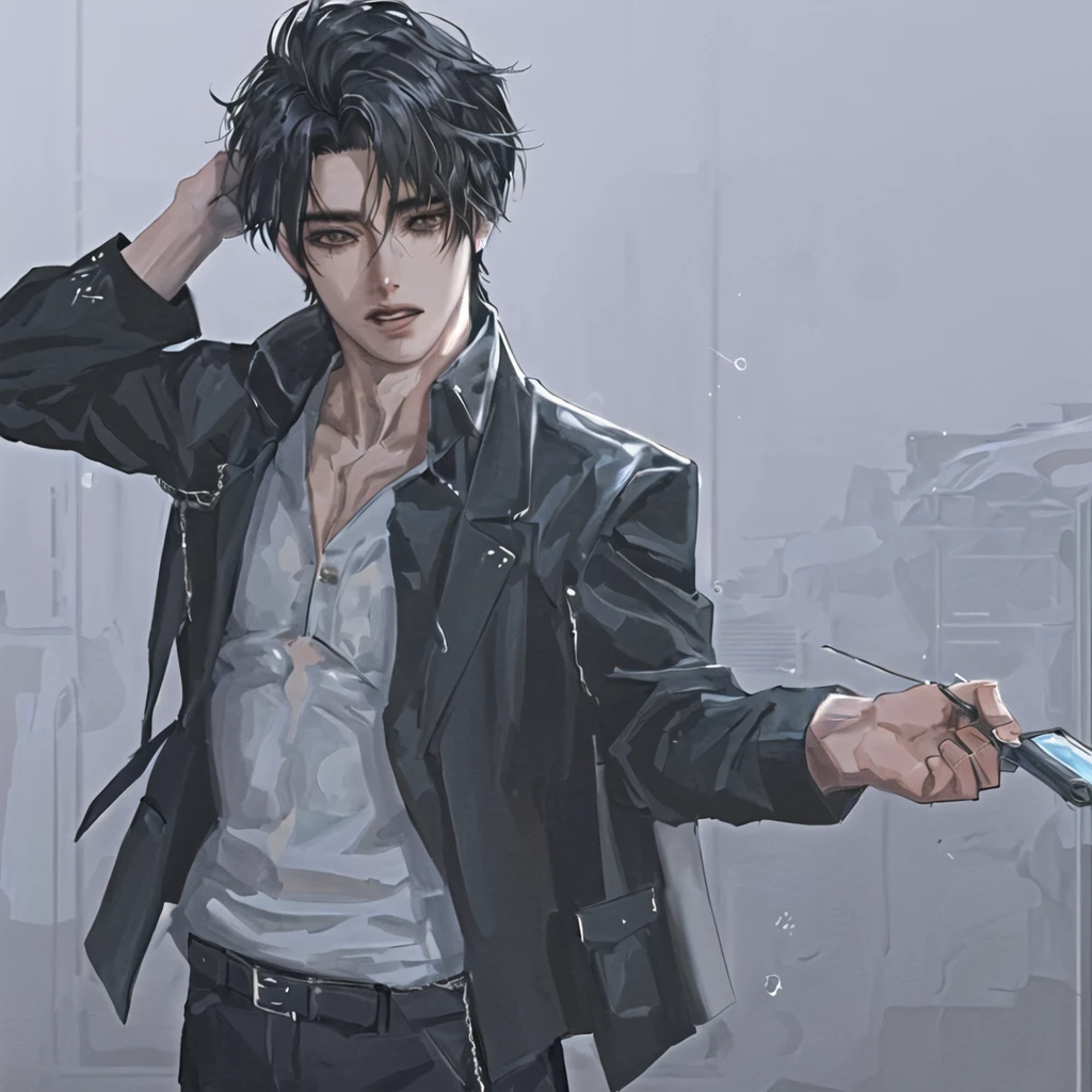 anime boy,realistic anime,black haired boy looking at camera,wearing a black jacket,perfect,handsome,