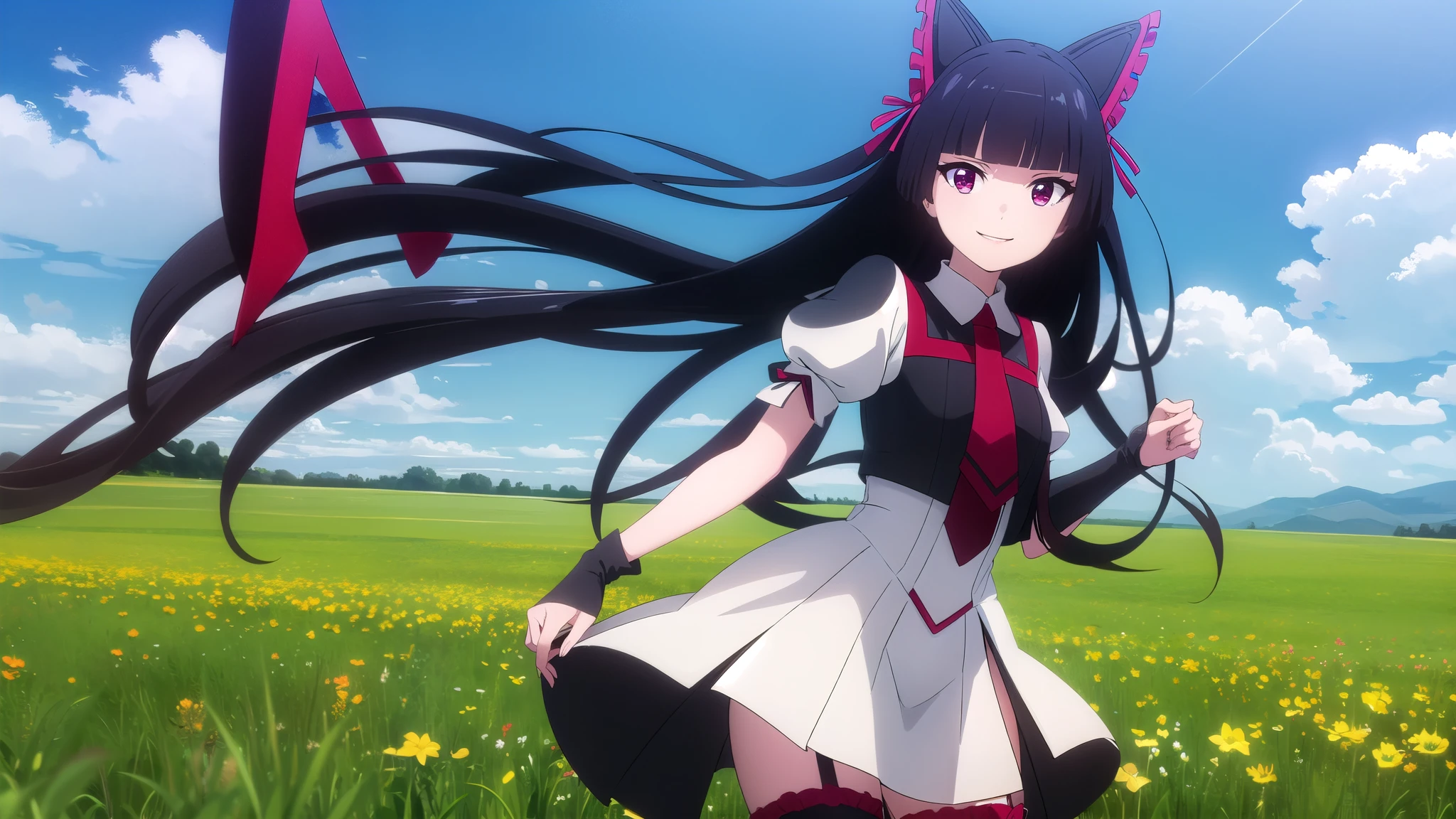 RoryMercury, Rory Mercury, long hair, black hair, (Red eyes:1.3), bang, blunt bang, hime cut, smile,
BREAK thighhighs, a gift, tape, hair tape, garter belts, dress, black dress, puffy sleeves, frill, cut off sleeves, tie, red tie, pomade, purple pomade,
BREAK outdoors, nature, the forest, grass, Sun, sky, clouds, grass,
BREAK looking at viewer, (cowboy shot:1.5),
BREAK (masterpiece:1.2), Best quality, A high resolution, unity 8k wallpaper, (illustration:0.8), (beautiful detailed eyes:1.6), very detailed face, perfect lighting, extremely detailed computer graphics, (perfect hands, Ideal Anatomy),