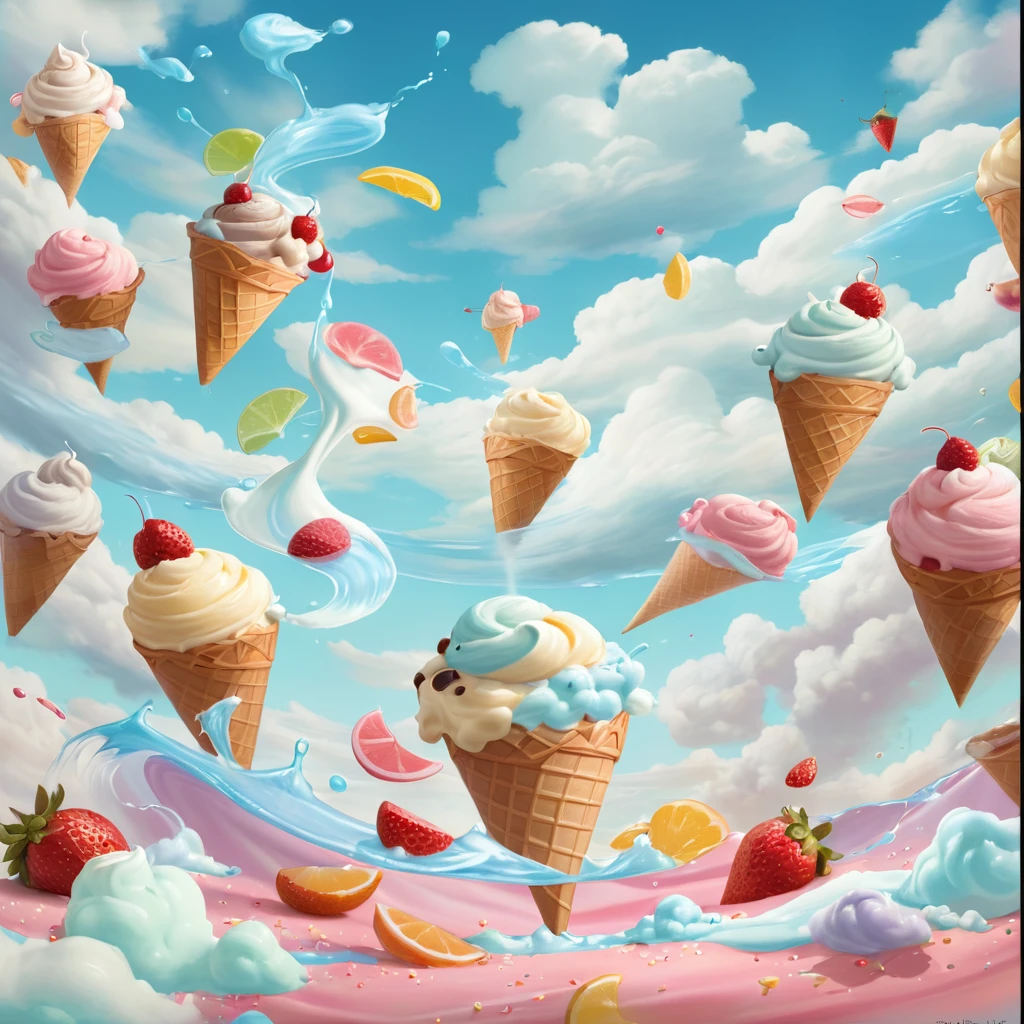 ice cream patterns in the clouds, ice cream sundaes, milkshakes, coney island