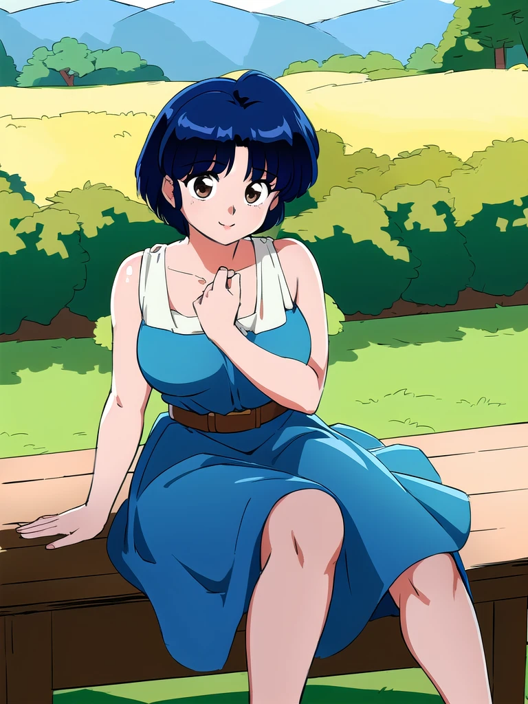 HDR, CG, sharp focus, (8k), (4k), masterpiece, best quality, detailed skin, extremely detailed, hiper detailed, sharp focus, looking at viewer, high quality, AKANE, Akane tendou, short hair, blue hair, brown eyes ,curtain pelvic DRESS, tetas grandes bush, solo, 1girl, sit on bench, park background, hands on chest, heels, white dress, cute smile, 
