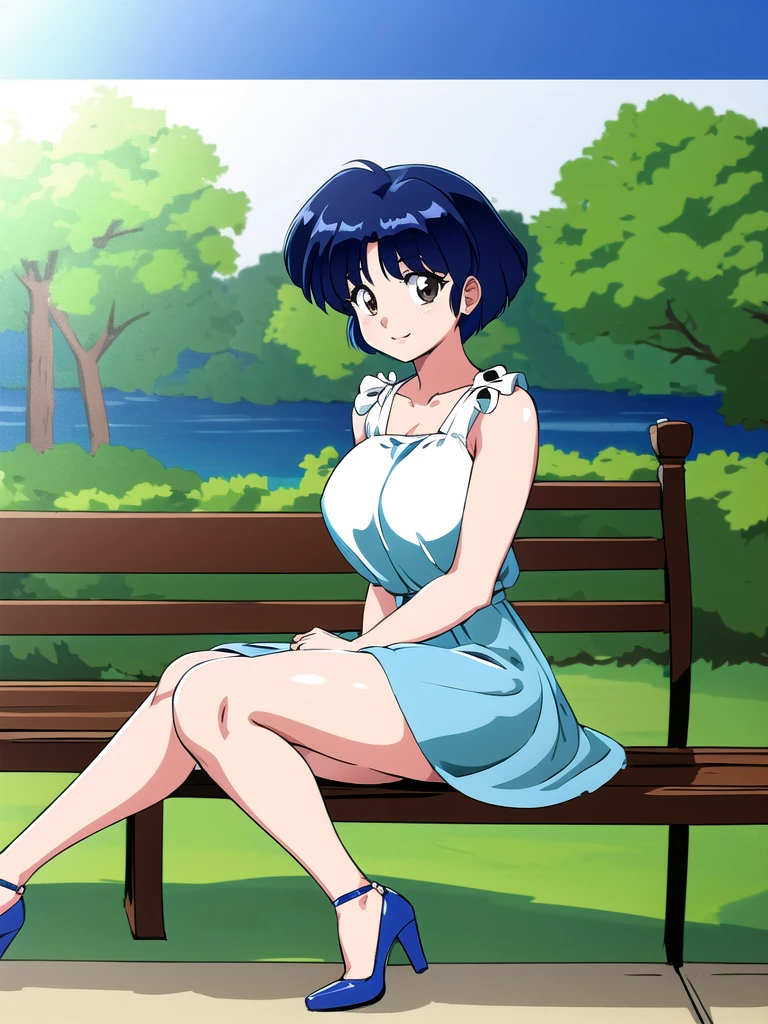 HDR, CG, sharp focus, (8k), (4k), masterpiece, best quality, detailed skin, extremely detailed, hiper detailed, sharp focus, looking at viewer, high quality, AKANE, Akane tendou, short hair, blue hair, brown eyes ,curtain pelvic DRESS, tetas grandes bush, solo, 1girl, sit on bench, park background, hands on chest, heels, white dress, cute smile, 
