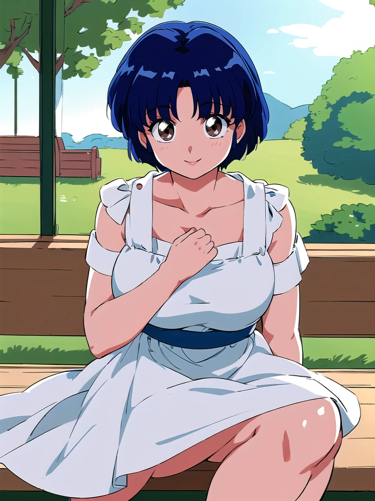 HDR, CG, sharp focus, (8k), (4k), masterpiece, best quality, detailed skin, extremely detailed, hiper detailed, sharp focus, looking at viewer, high quality, AKANE, Akane tendou, short hair, blue hair, brown eyes ,curtain pelvic DRESS, tetas grandes bush, solo, 1girl, sit on bench, park background, hands on chest, heels, white dress, cute smile,