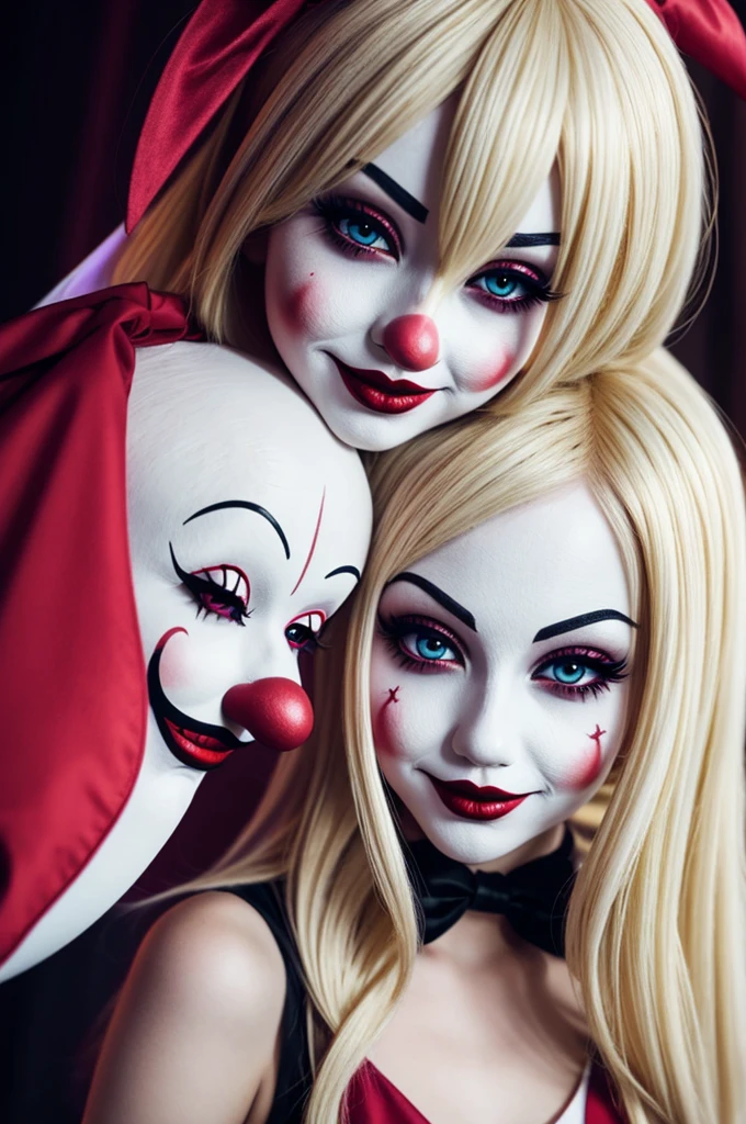 ((best quality)), ((masterpiece)), (detailed), ((NSFW)), 2 pretty blond sexy clown girls, ((Elle Fanning)), perfect eyes, perfect white teeth, ((clown make-up painted on their faces)), painted red noses, ((Sad expressions with painted on smiles)), hats, ((big frilly clown ruffs around their necks)), ((fully nude)), ((no panties)), beautiful shiny oiled  skin, standing in a circus tent, ((vaginas on display)),