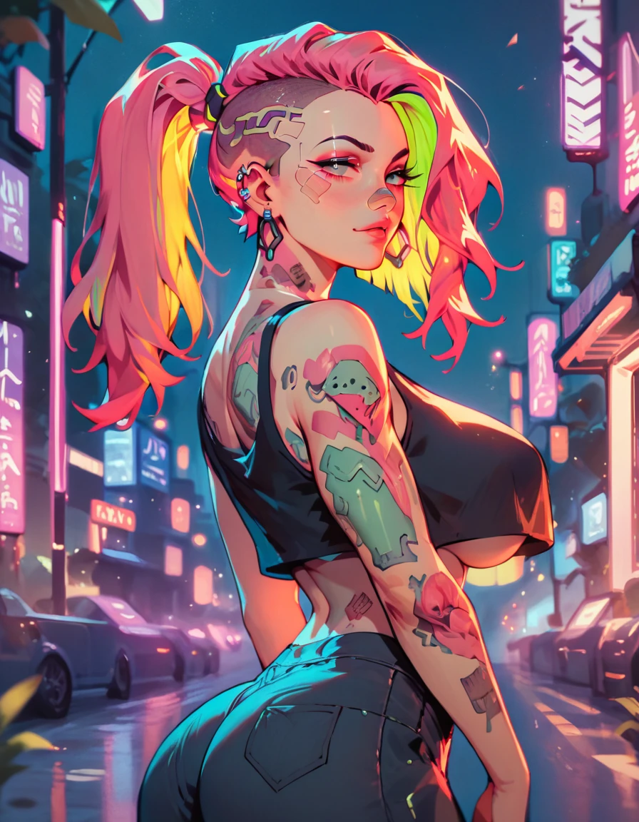 SCORE_9, SCORE_8_UP, SCORE_7_UP, SCORE_6_UP, MASTERPIECE, BEST QUALITY, HIGH QUALITY, HIGHRES, ABSURDRES, PERFECT COMPOSITION, INTRICATE DETAILS, ULTRA-DETAILED, PERFECT FACE, PERFECT EYES, NEWEST, nsfw,1girl, solo, super slutty girl, erotic, cyberpunk, looking_at_viewer, blurry, ponytail, long_hair, undercut, blurry_background, tattoo, neon_lights, earrings, jewelry, night, pink_eyes, large breasts, huge mommy milkers, from_side, multicolored_hair, oversize crop top, underboobs, thick hips, round peachy butt, purple_hair, outdoors, stud_earrings, depth_of_field, ear_piercing, bandaid_on_face, looking_back, bandaid, half-closed_eyes, forehead_mark, building, glowneon, cyborg