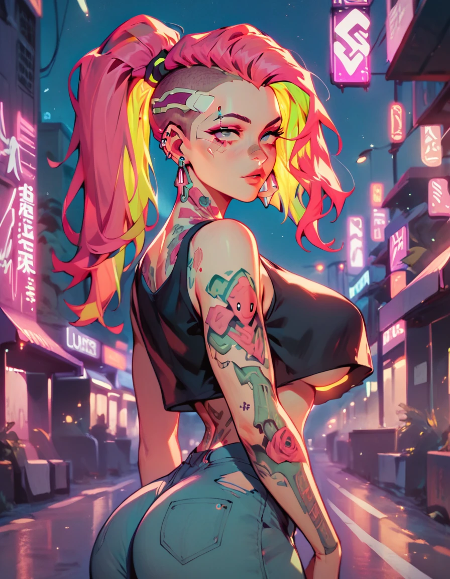 SCORE_9, SCORE_8_UP, SCORE_7_UP, SCORE_6_UP, MASTERPIECE, BEST QUALITY, HIGH QUALITY, HIGHRES, ABSURDRES, PERFECT COMPOSITION, INTRICATE DETAILS, ULTRA-DETAILED, PERFECT FACE, PERFECT EYES, NEWEST, nsfw,1girl, solo, super slutty girl, erotic, cyberpunk, looking_at_viewer, blurry, ponytail, long_hair, undercut, blurry_background, tattoo, neon_lights, earrings, jewelry, night, pink_eyes, large breasts, huge mommy milkers, from_side, multicolored_hair, oversize crop top, underboobs, thick hips, round peachy butt, purple_hair, outdoors, stud_earrings, depth_of_field, ear_piercing, bandaid_on_face, looking_back, bandaid, half-closed_eyes, forehead_mark, building, glowneon, cyborg