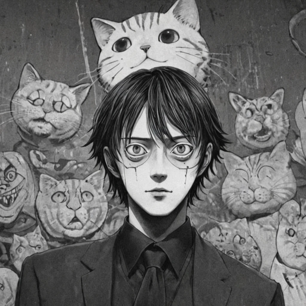 killer cat, (anime), bizarre scenario, This is Junji, Yusuke Murata, black and white, 8K, anime, horror