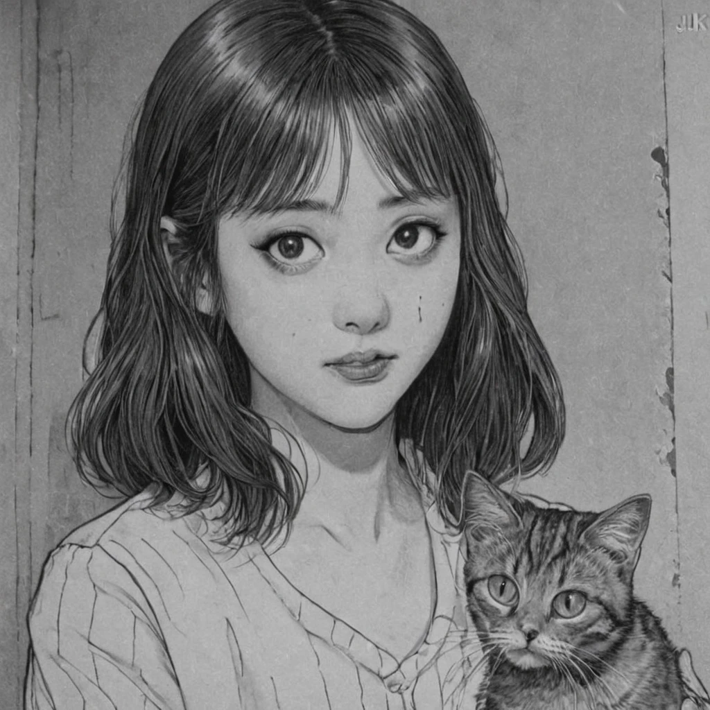 killer cat, (anime), bizarre scenario, This is Junji, Yusuke Murata, black and white, 8K, anime, horror