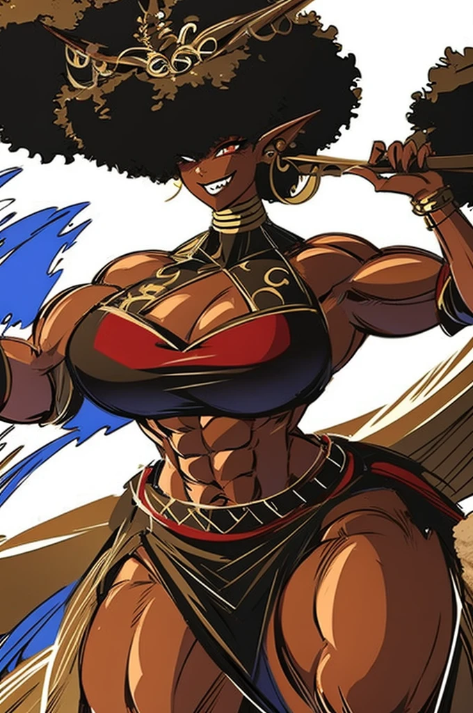 (masterpiece, best quality:1.2),1 girl, voluptuous body, full body, masterpiece, dominant pose, good anatomy, no extra limbs, big ass, thick thighs, black hair, voluminous afro, pointy ears, gold earrings, black top with red details, black skirt with red details, gold necklaces wide hips muscular female