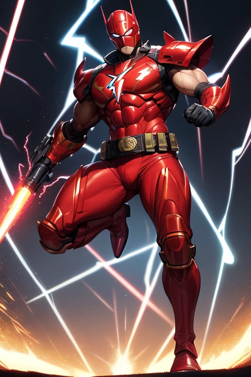 ((mejor calidad)), ((Obra maestra)), (detallado), 1 chica, suéter con hombros descubiertos, 1 man, full body, 30s, black masks, red helmet that covers his entire head, smooth helmet, helmet with a flashlight on his forehead, black collar, tall and muscular, very large, red armor, 2 large tubes, transparent electricity tubes on his ?????, large red gloves, red wristbands, red suit, fist emblem with lightning bolts on his ?????, fist, red pants, black knee pads, metallic red boots, superhero belt, lightning bolts in the air, hitting the track, lightning bolts come out, night city background, anime