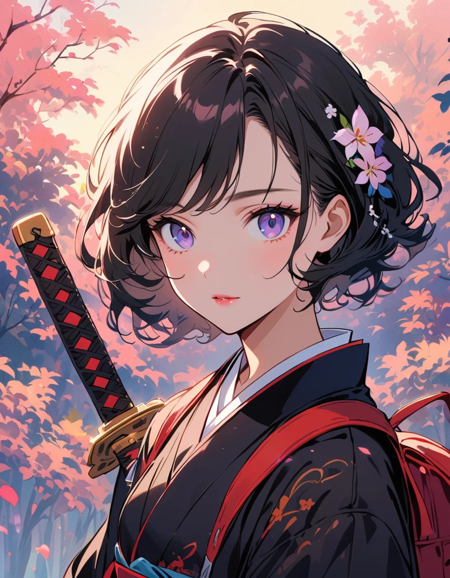 Portrait of an anime style girl with short black hair, dressed in a combination of traditional Japanese clothing and modern accessories. She is holding a katana and a backpack, and she has a flower in her hair. The background is soft and minimalistic, emphasizing the sweet and gentle nature of the character. --ar 3:4 --stylize 600 --niji 6