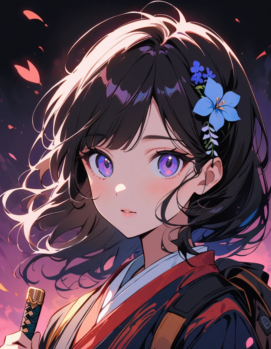 Portrait of an anime style girl with short black hair, dressed in a combination of traditional Japanese clothing and modern accessories. She is holding a katana and a backpack, and she has a flower in her hair. The background is soft and minimalistic, emphasizing the sweet and gentle nature of the character. --ar 3:4 --stylize 600 --niji 6