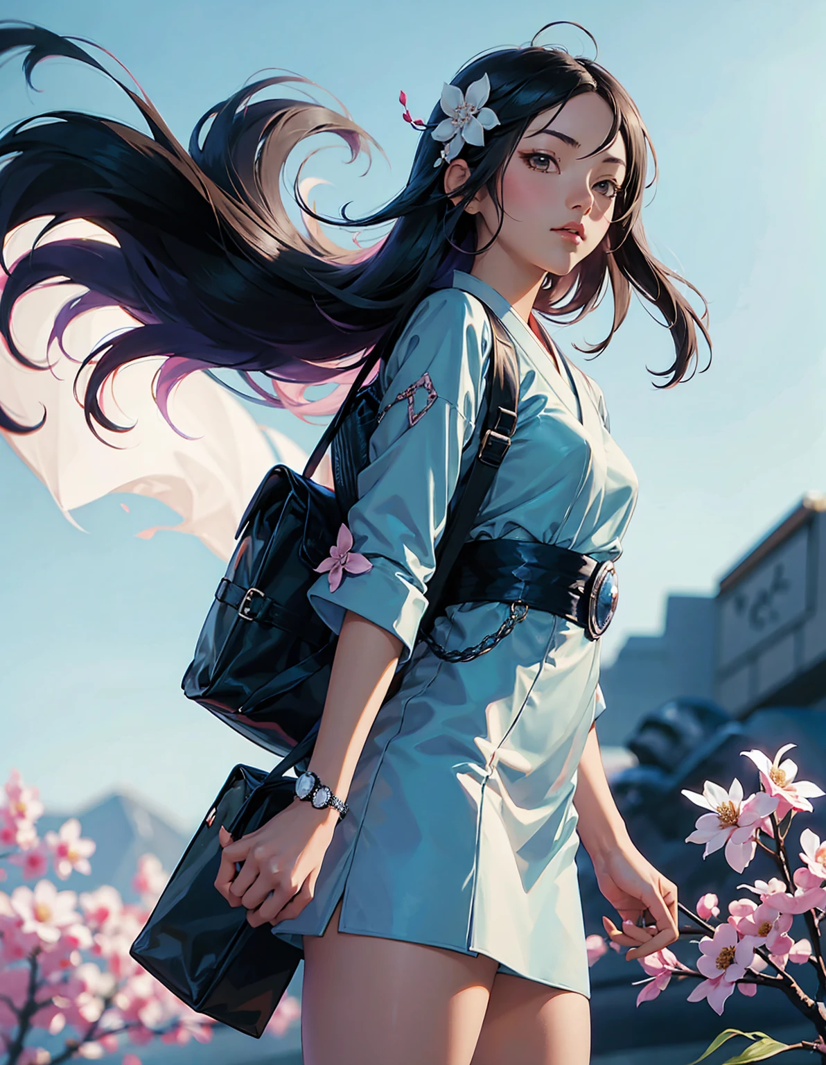 Portrait of an anime style girl with short black hair, dressed in a combination of traditional Japanese clothing and modern accessories. She is holding a katana and a backpack, and she has a flower in her hair. The background is soft and minimalistic, emphasizing the sweet and gentle nature of the character. --ar 3:4 --stylize 600 --niji 6