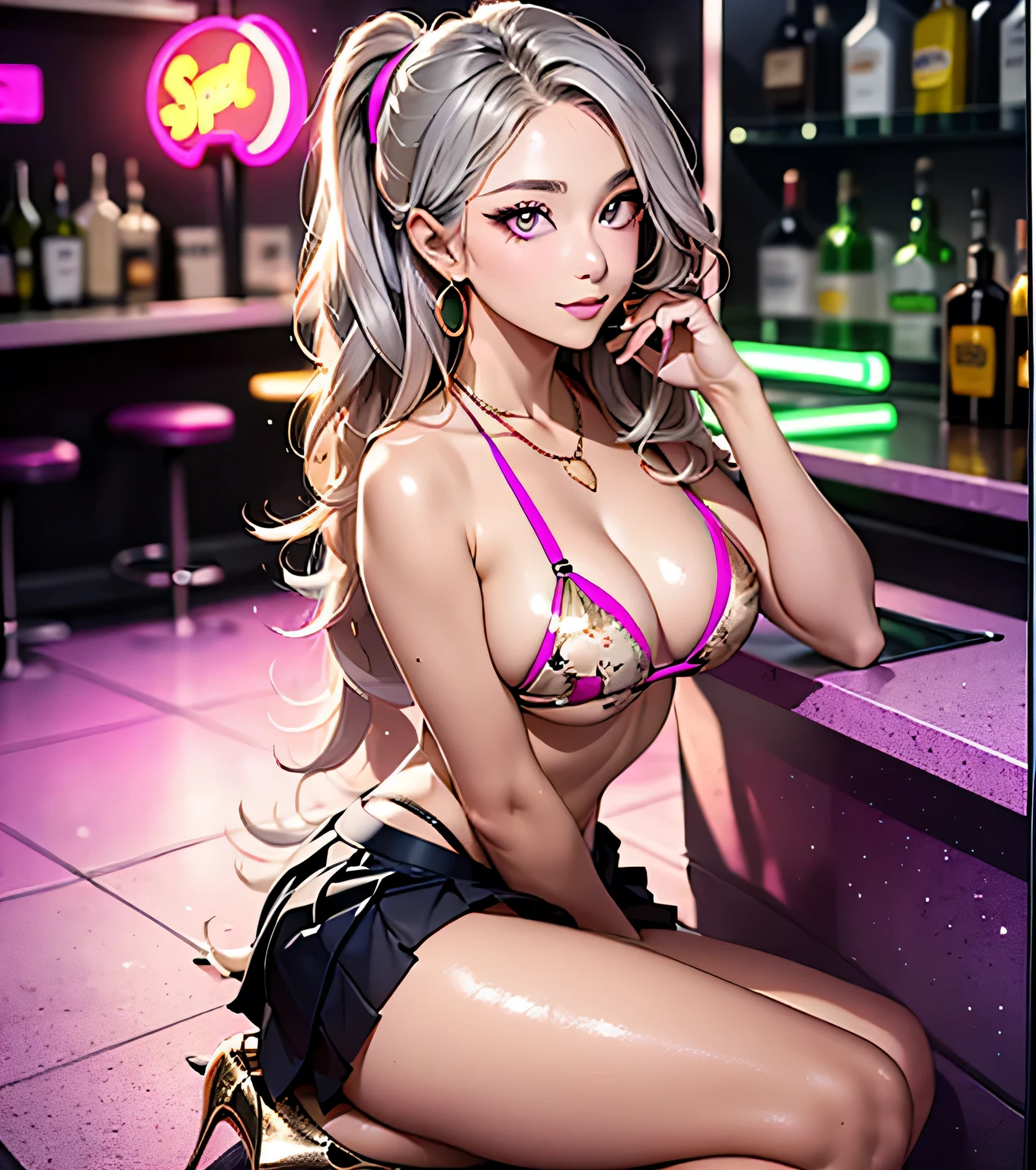 (masutepiece: 1.3), (max resolution: 1.2), (Ultra HDTV: 1.2), spot lite, Ultra HDTV, (Detailed eyes and skin), (detailed facial features), 8K resolution, Sharp Focus: 1.2, Perfect Style, Beautiful Face, accurate, Anatomically correct, Highly detailed face and skin texture, Detailed eyes, (Silver eyes:1.3), Double eyelids, Thin eyebrows, Orange color thin Eyeliner, Natural cheeks, (Fair skin:1.2), shiny necklace and earrings, (Glossy lips: 1.4),
BREAK
absurderes, One-person-view, (She is a Very Cute female bar hostess), (Wearing a Gold floral print micro bikini:1.3),
BREAK
(wearing a Red pleated super mini skirt:1.2), (high heels),
BREAK
(shy smile:1.2), (23 years old, Very Cute and neat girl),
(Wavy Hair), ((neon color inner hair:1.2)),
(Upper body shot: 1.2), (Focus on Face),
large breasts, (Cleavage), (firm breast:1.2, nicely shaped breasts:1.2, slender figure:1.1),
((Sitting leaning against the wall on the floor with full open legs pulled up to the chest:1.2)), ((From below:1.2)), ((In the super erotic Bar at dimly:1.4)),
BREAK
((((Purple neon lights))), (((Rea neon lights))), (((Blue neon lights))), (((dimly lit store, black lights))),