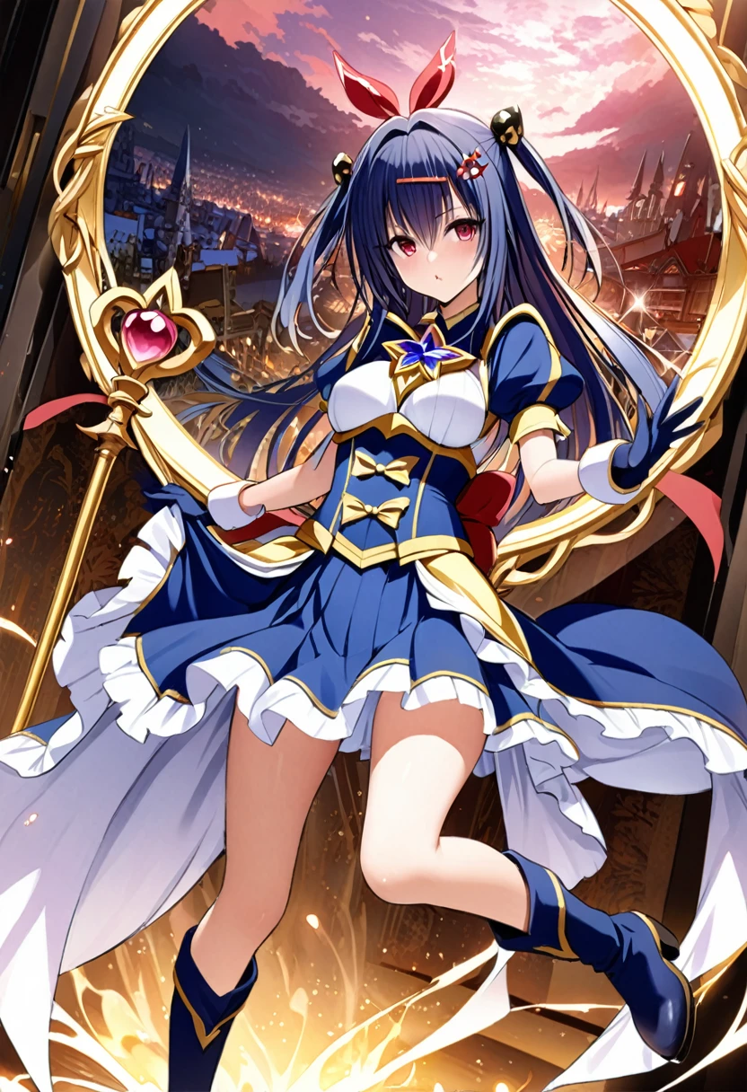masterpiece, Highest quality, High resolution、Highest quality、unity 8k wallpaper、32k、Very detailed、超High resolution、Very detailedな顔、RAW Photos、Professional、Ultra-fine painting、Magical Girl Kujo Rin、Ultramarine and gold magical girl costume、Puff sleeves、Pleated skirt、Long gloves、Thigh-high socks、High cut high heel boots、On the chest is a large ultramarine and gold ribbon with a large sapphire brooch、Hair Clip、Hair Ribbon、Kujou Rin
