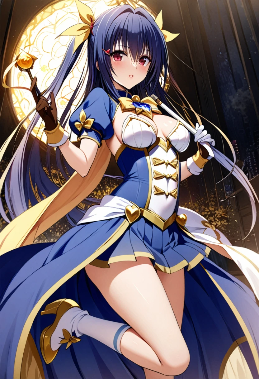 masterpiece, Highest quality, High resolution、Highest quality、unity 8k wallpaper、32k、Very detailed、超High resolution、Very detailedな顔、RAW Photos、Professional、Ultra-fine painting、Magical Girl Kujo Rin、Ultramarine and gold magical girl costume、Puff sleeves、Pleated skirt、Long gloves、Thigh-high socks、High cut high heel boots、On the chest is a large ultramarine and gold ribbon with a large sapphire brooch、Hair Clip、Hair Ribbon、Kujou Rin